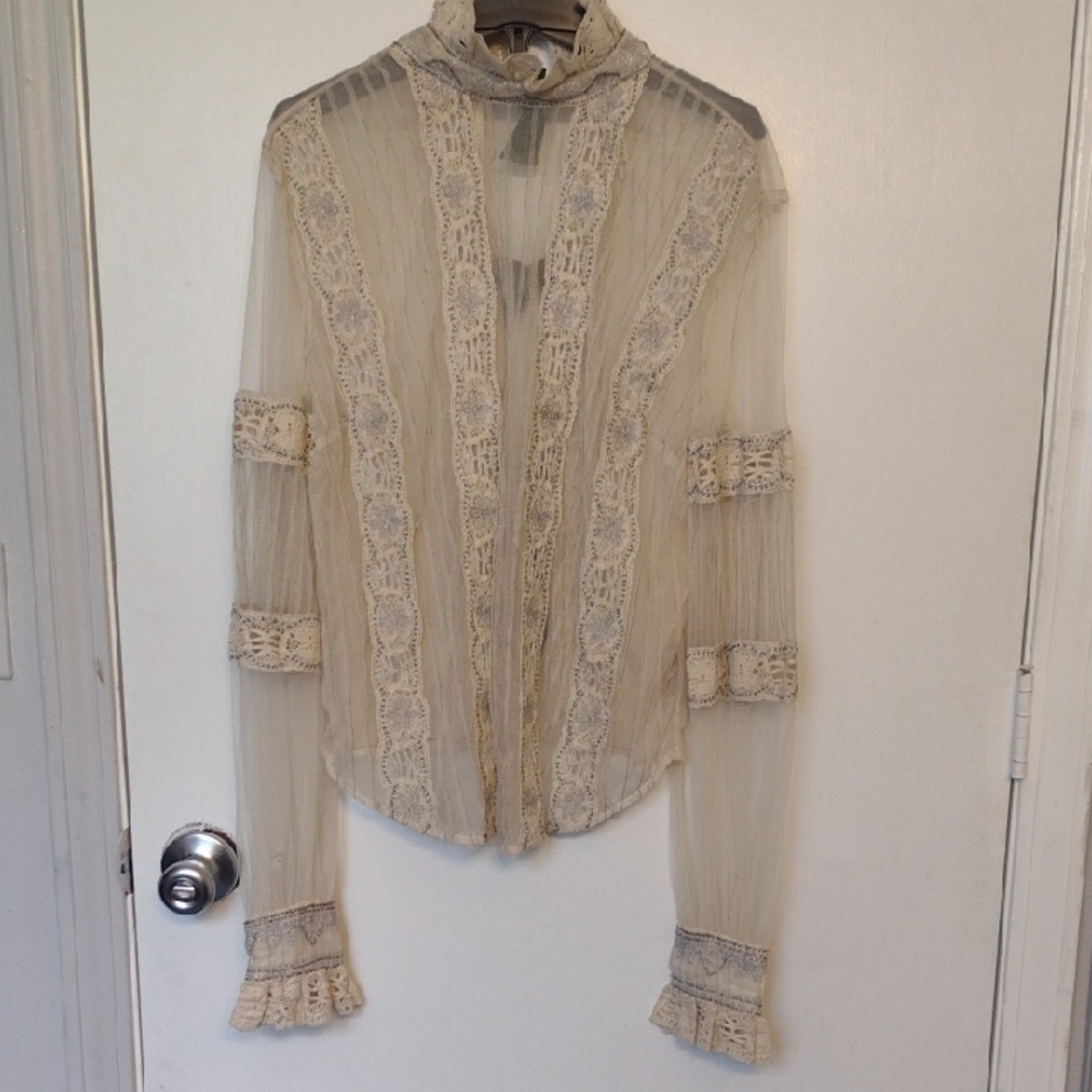 Free People New Romantics Elegant Victorian Bohemian Lace Sheer Top Size XS